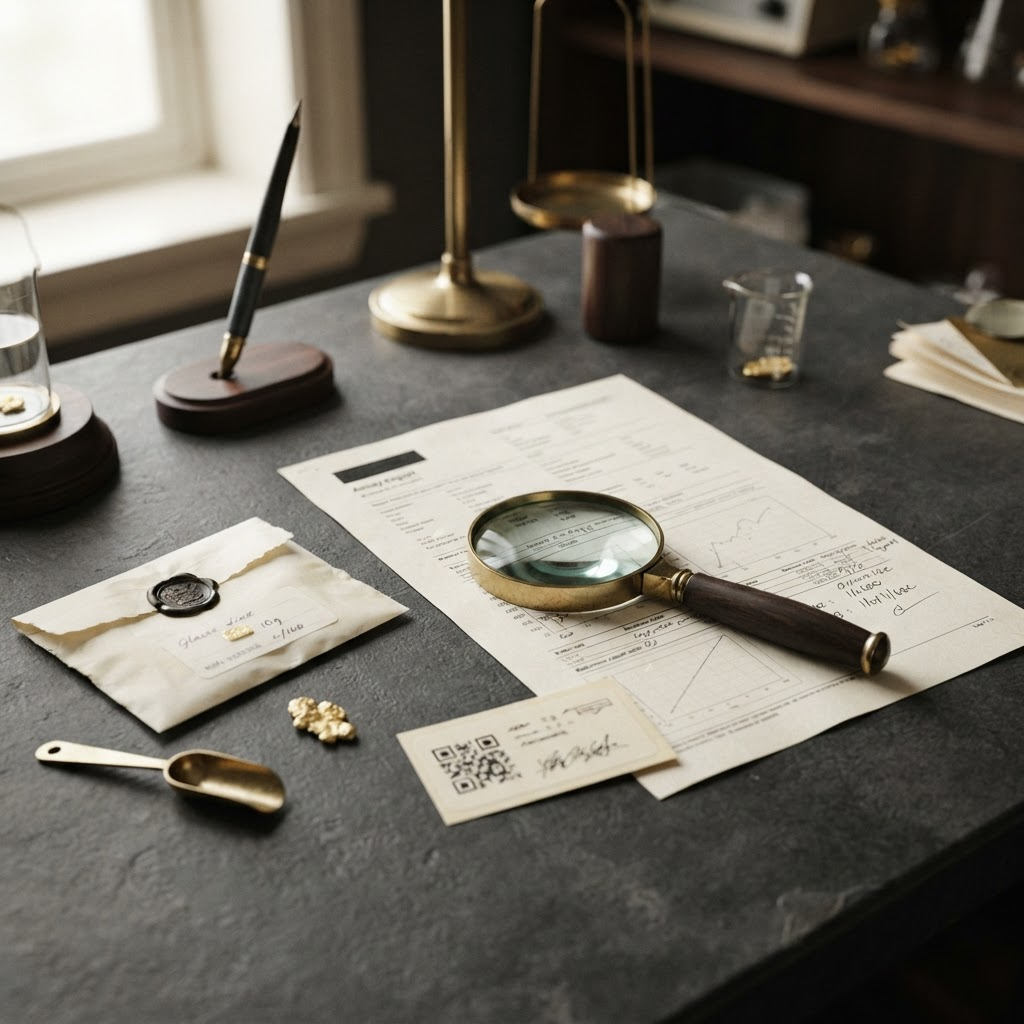 Gold assay certificate verification desk with sealed sample reference