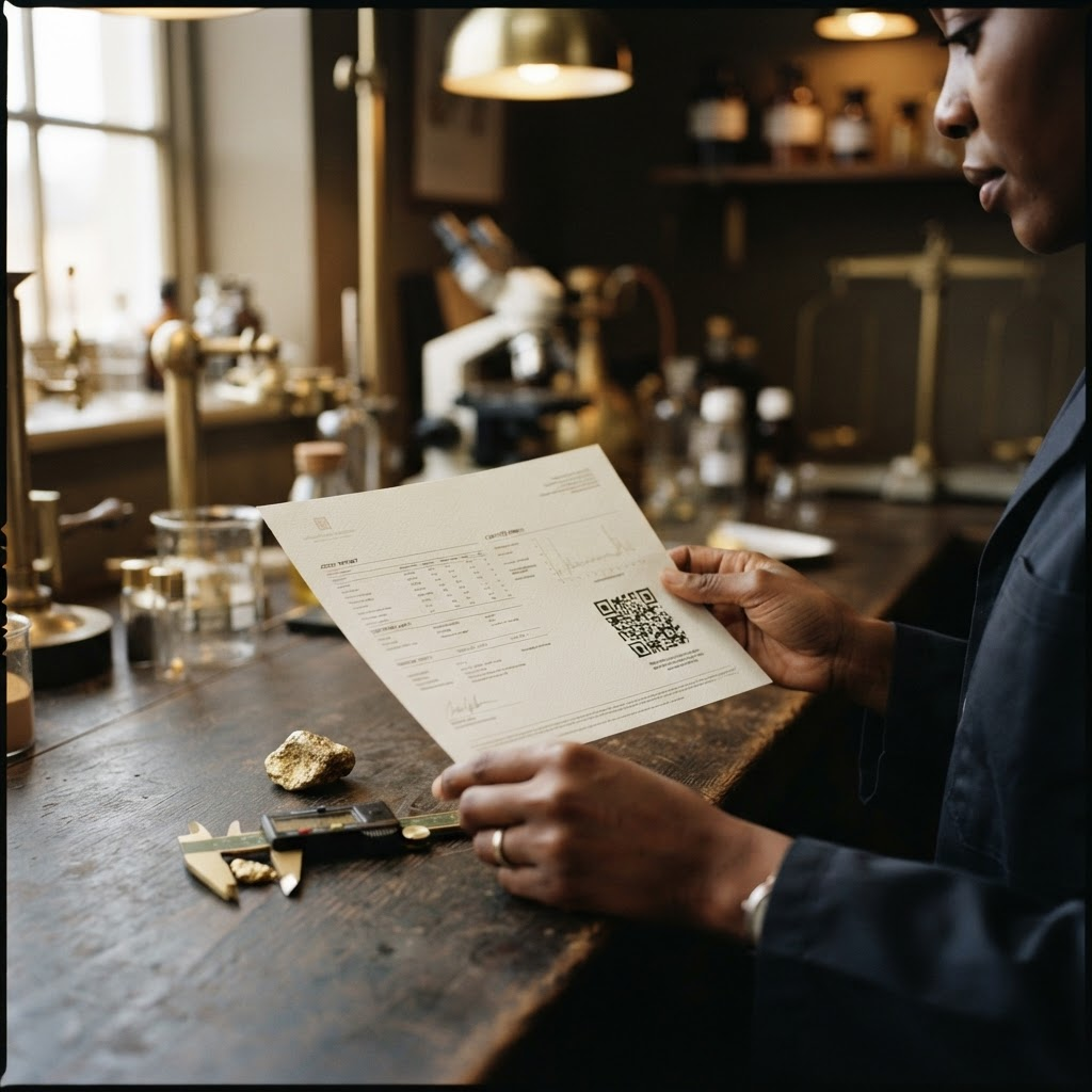 Gold assay certificate being reviewed beside a sample