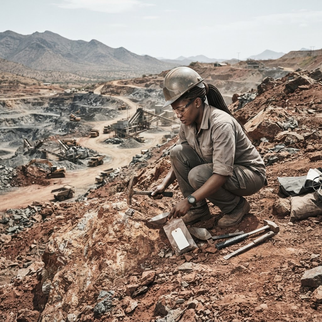 Geologist sampling mineral material in East Africa