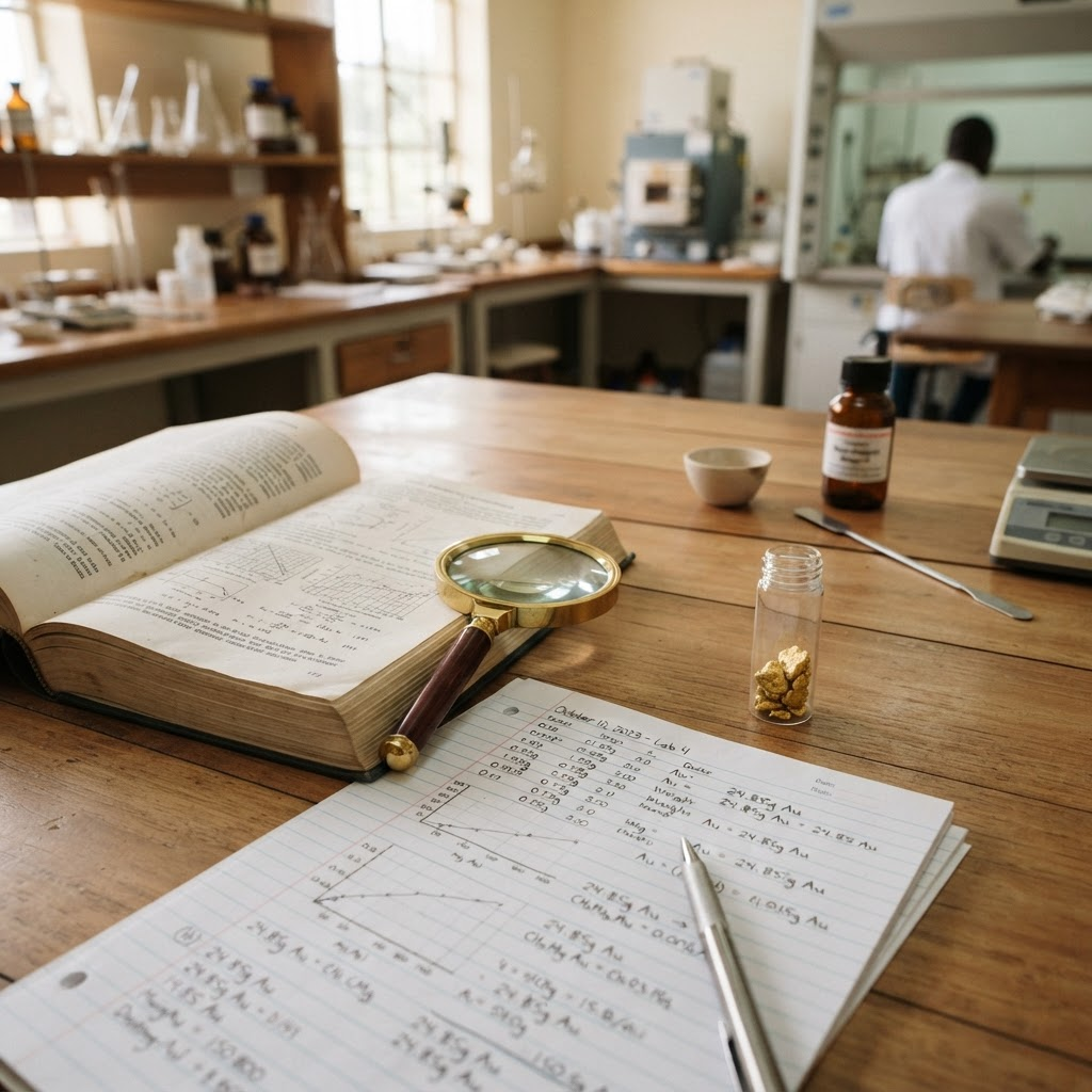 Gold testing handbook and sample used for laboratory guidance