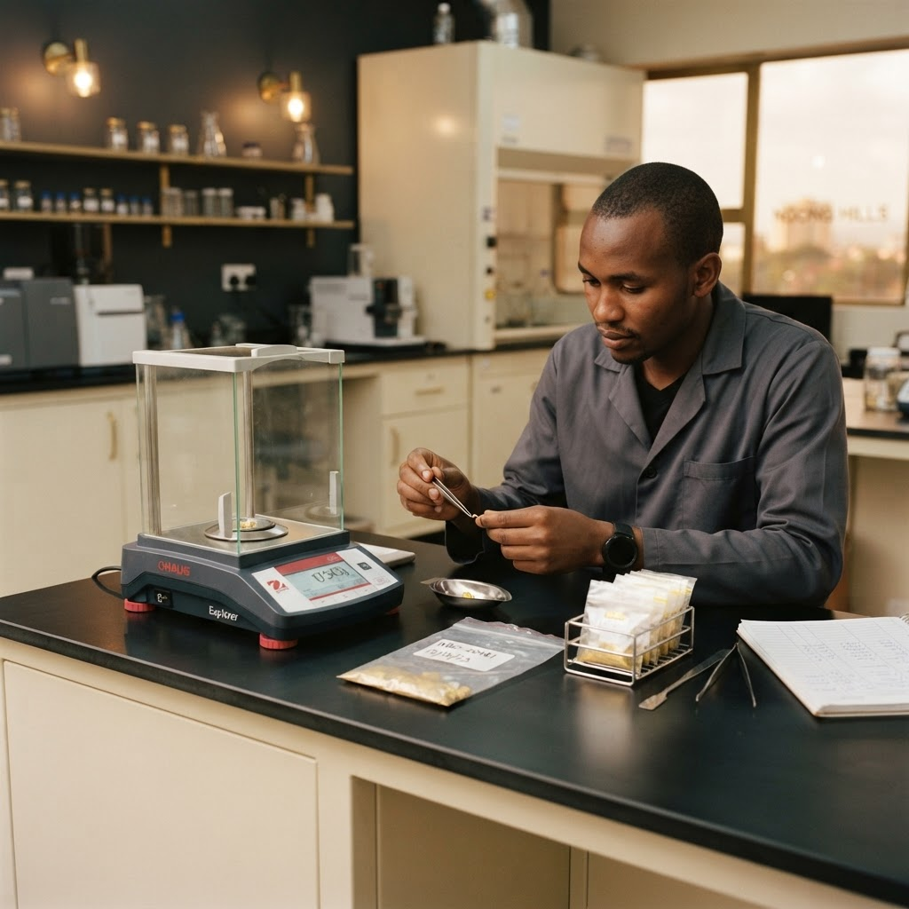 Gold sample intake and assay preparation in a Nairobi Kenya laboratory