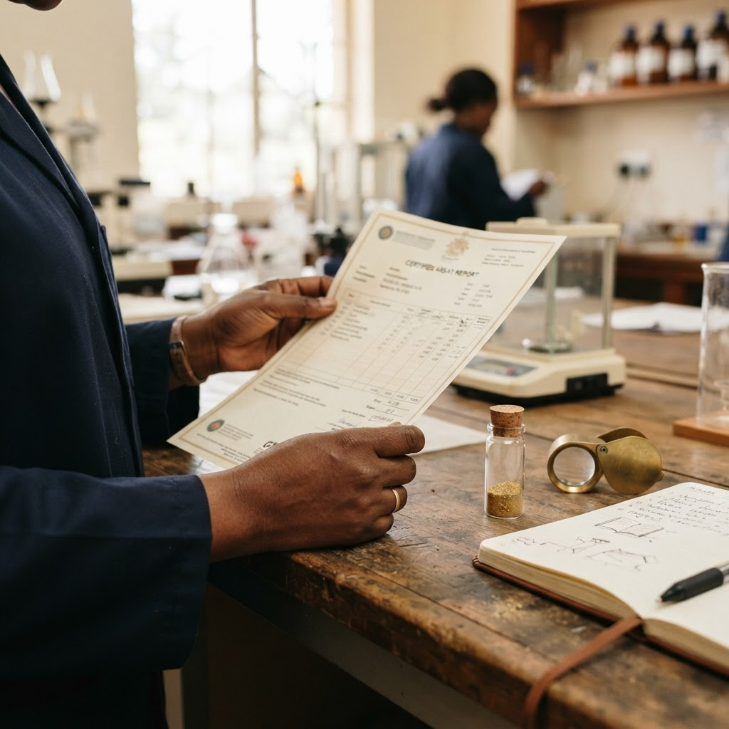 Gold certificate and sample being reviewed