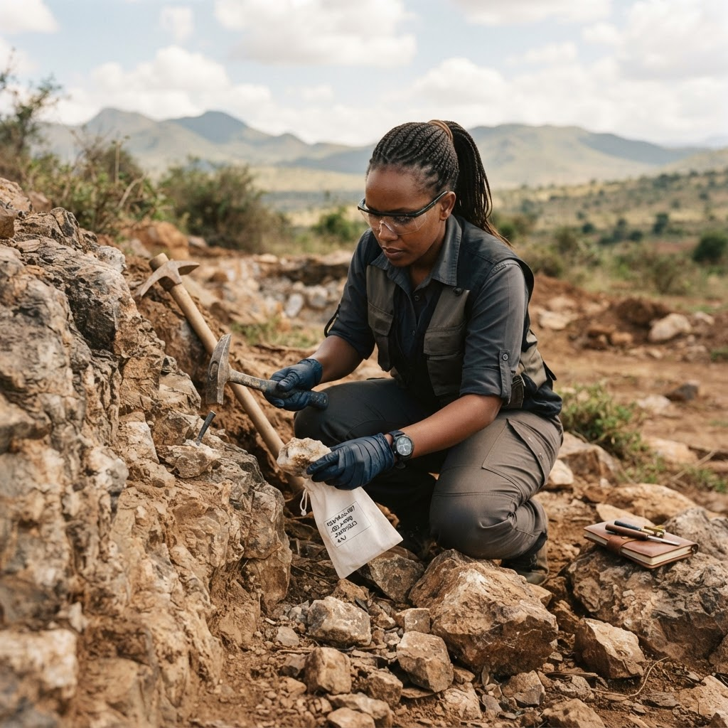 Field technician collecting a geological gold sample in East Africa