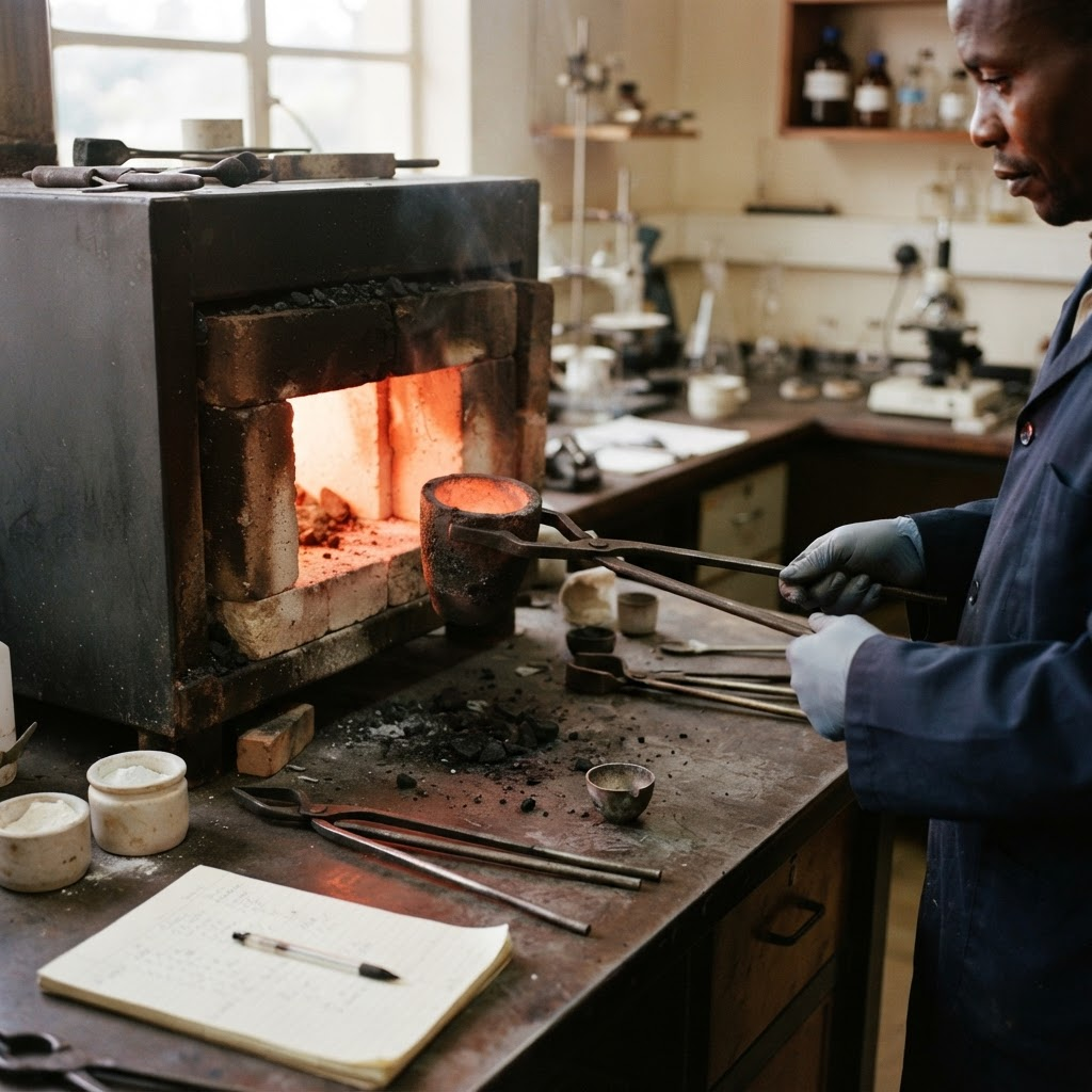 Fire assay crucible and furnace workbench in a Nairobi laboratory