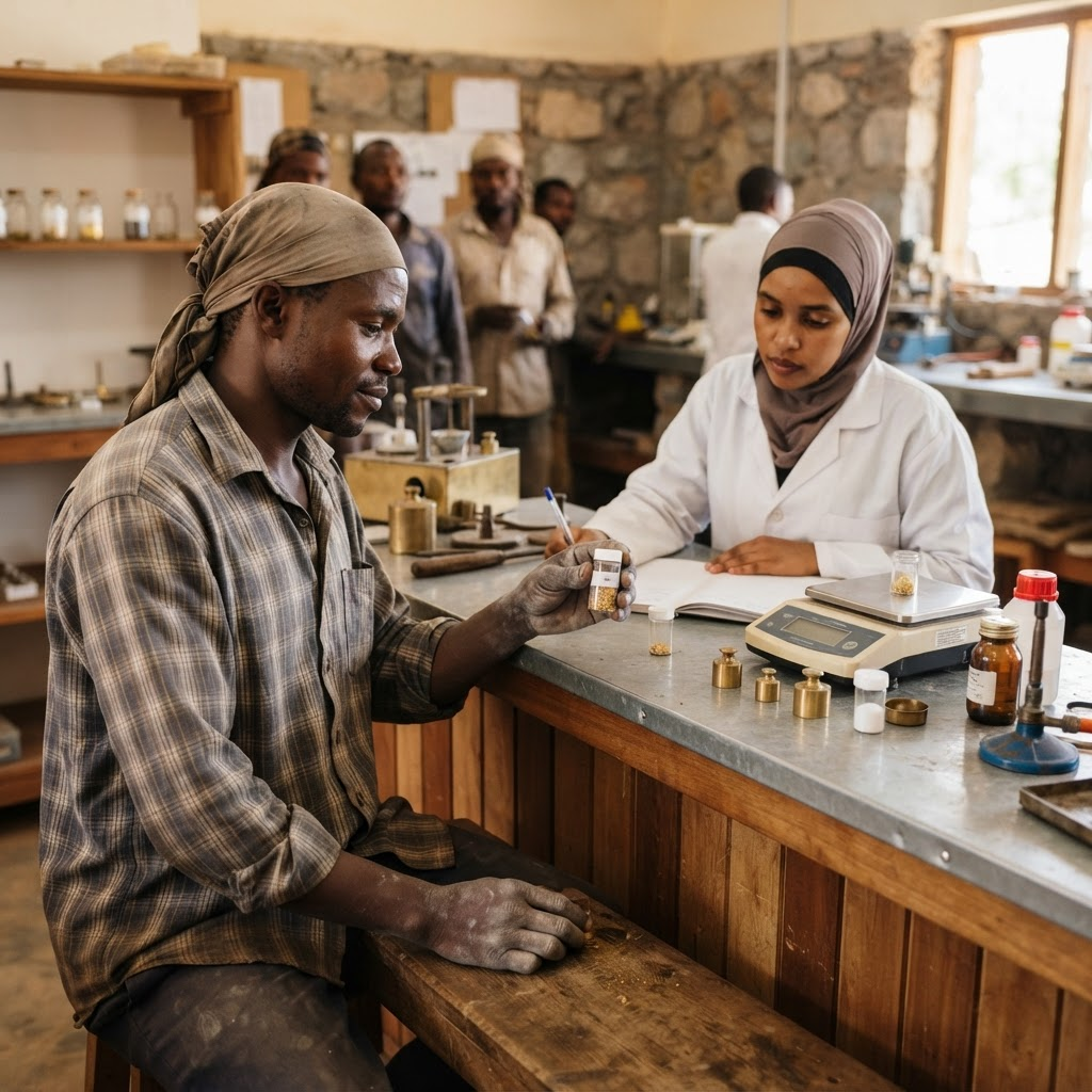 African field professional collecting a mineral sample