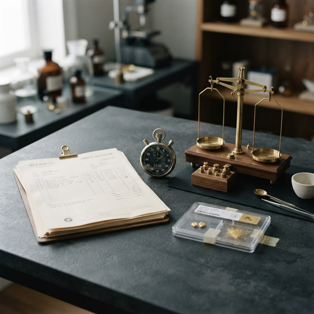 Gold testing quotation materials and sealed sample case in a Nairobi laboratory