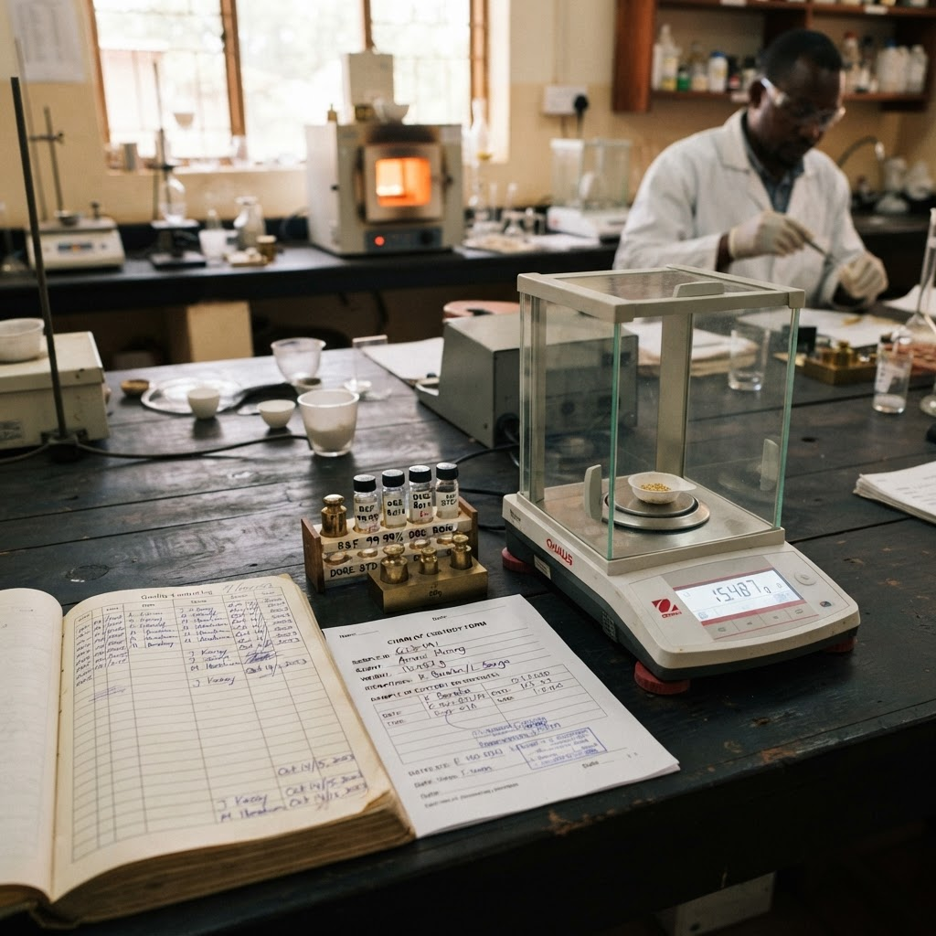 Controlled gold assay laboratory equipment and quality records in Nairobi