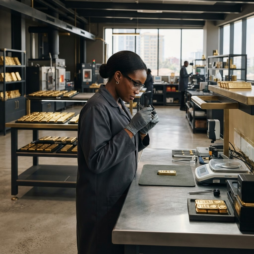 Professional reviewing an assay certificate beside a gold sample