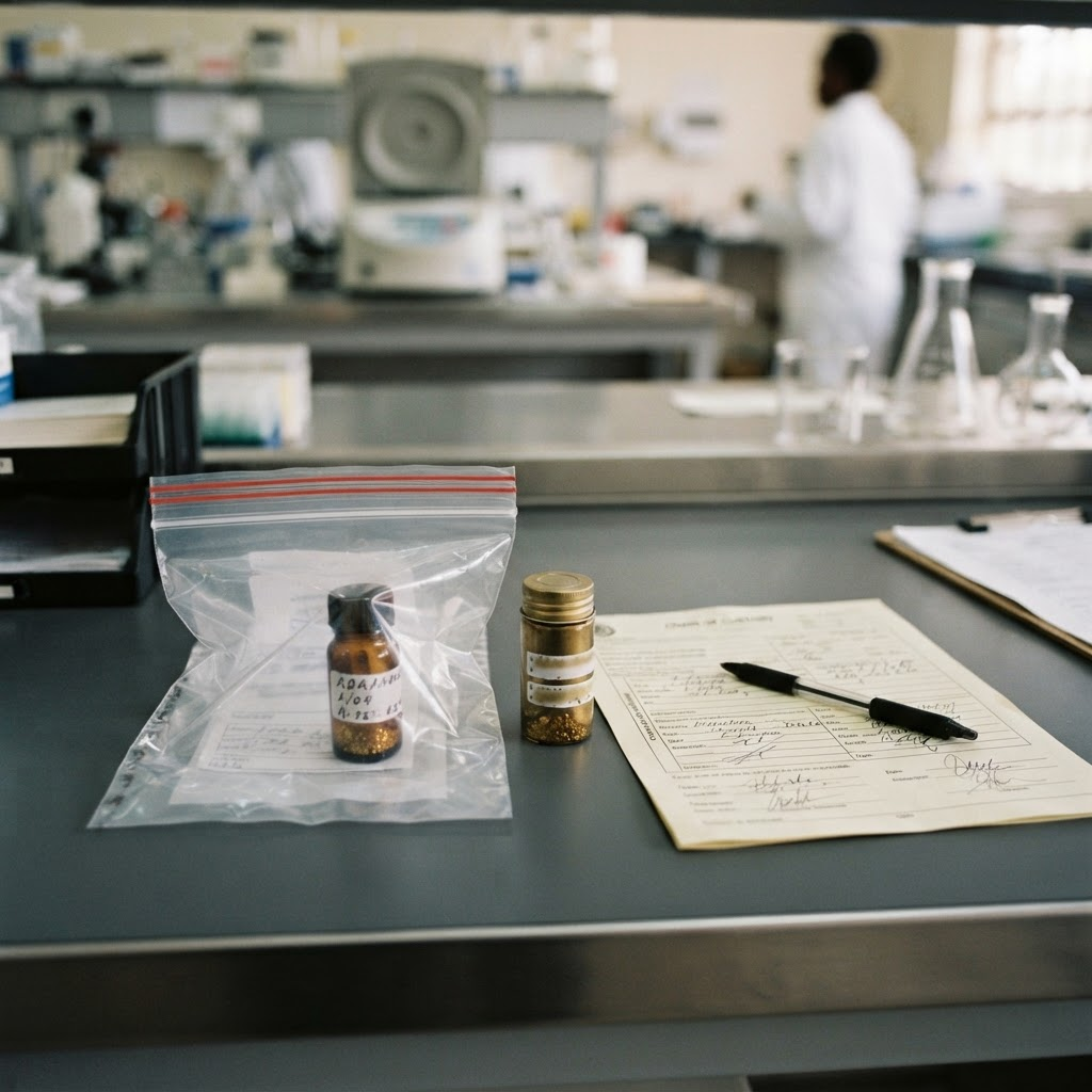 Tamper-evident sample packaging prepared for mineral testing in East Africa